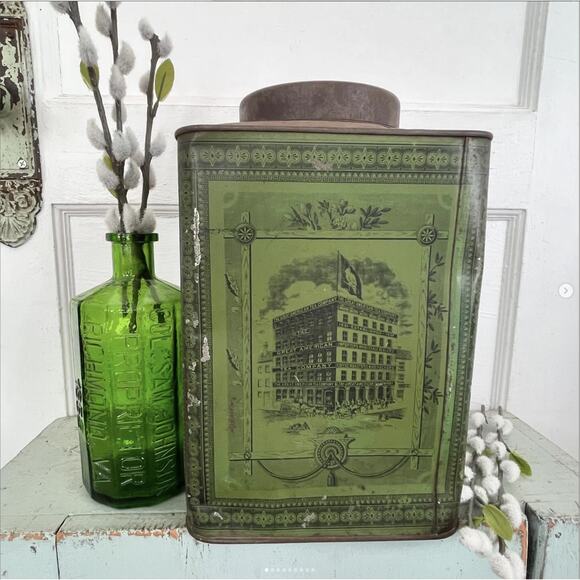 Antique Large Tin Container Green Great American Tea Company New York - Picture 1 of 9